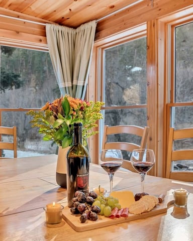 Outdoor deck with forest landscape view