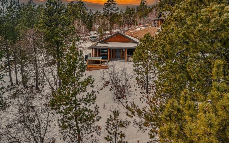 Arn Barn Cabin, aerial winter sunset view