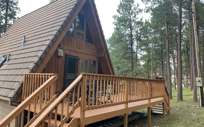 Black Hills Chalet, front deck and A-frame entrance